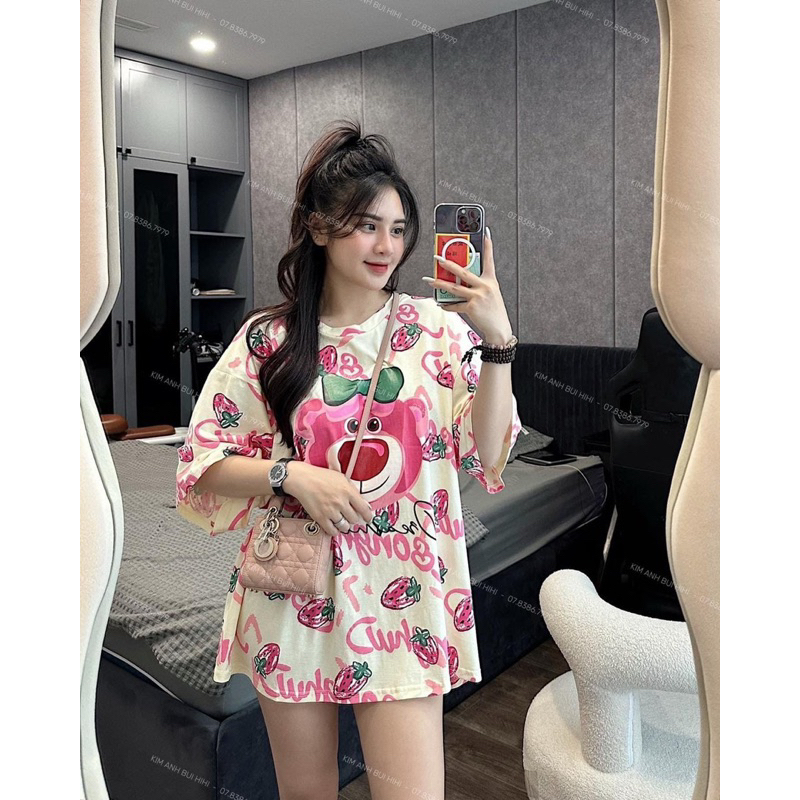 ÁO PHÔNG GẤU HỒNG DÂU TÂY CHẤT COTTON KHÔ XỊN ĐẸP CHO NỮ.