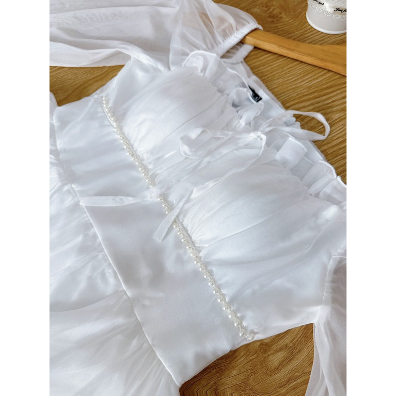 Váy Trắng Dài Tầng Viền Ngọc Tiểu Thư Đi Đám cưới , Đi chơi , Chụp Kỉ Yếu