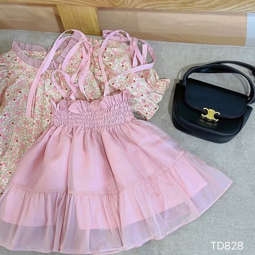 Set Váy 2 Dây Kèm Áo Hoa Nhí Tay Bồng Cho Bé Gái WOWKIDS Chất Liệu Mềm Mại Phong Cách Tiểu Thư Từ 8-22kg