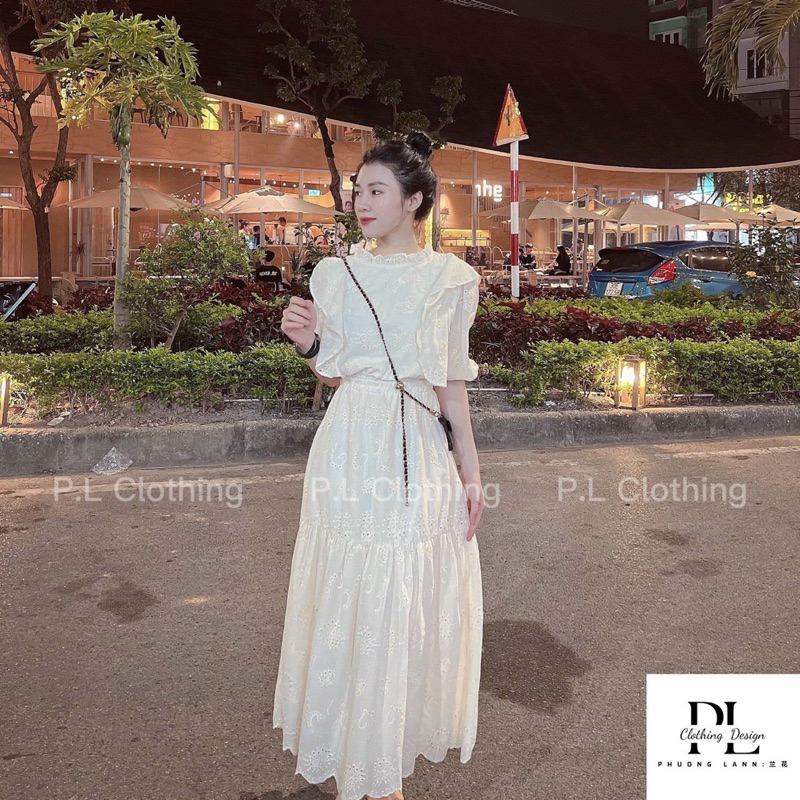 Váy Maxi Trắng Bo Chun Xoè Nhẹ Dáng Dài Bo Ống Tay Siu Xinh