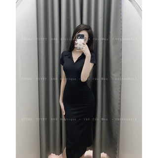 Váy body dài cổ bẻ hở lưng