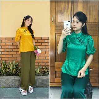 Đồ lam đi chùa mẫu nữ xéo phối quần vải lụa gấm loại 1