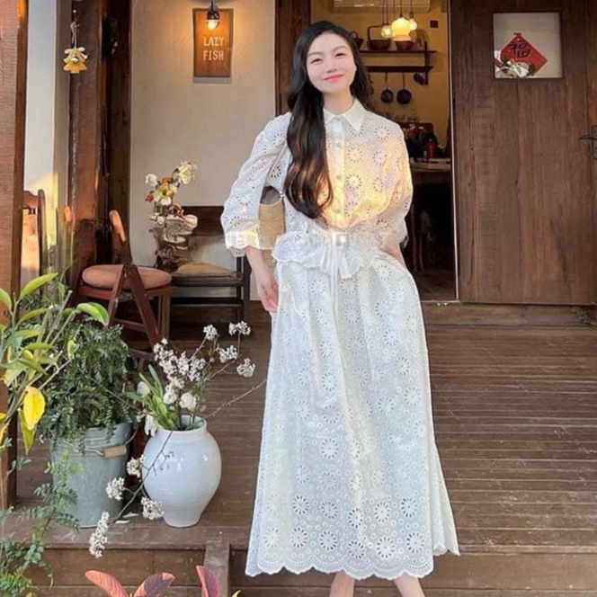 Set ren nữ áo tay lỡ cổ sơ mi mix chân váy dáng dài thời trang công sở thiết kế cao cấp đi làm đi chơi dạo phố LEVAN