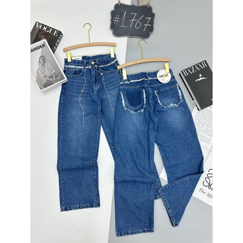 Quần bò jeans ống xuông cạp tua mài túi sau kèm dây đai xích đai chuông hot