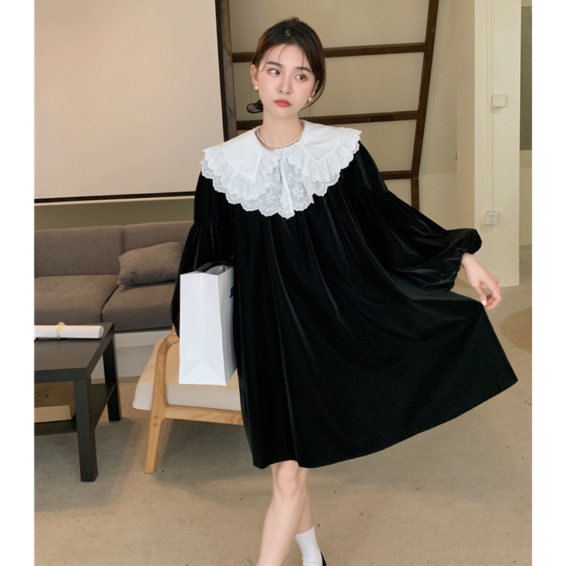 Đầm nhung cho nữ cổ ren dáng ngắn trên đầu gối thụng rộng tay dài
