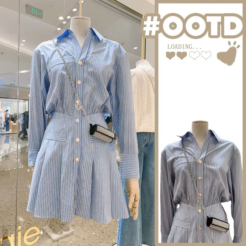 Váy sơ mi kẻ xếp li chiết eo phối cúc đồng