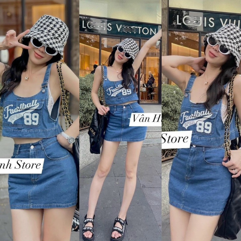 Set Yếm Jeans 3 Món Croptop Food 89 + Váy Chữ A + Áo Ống