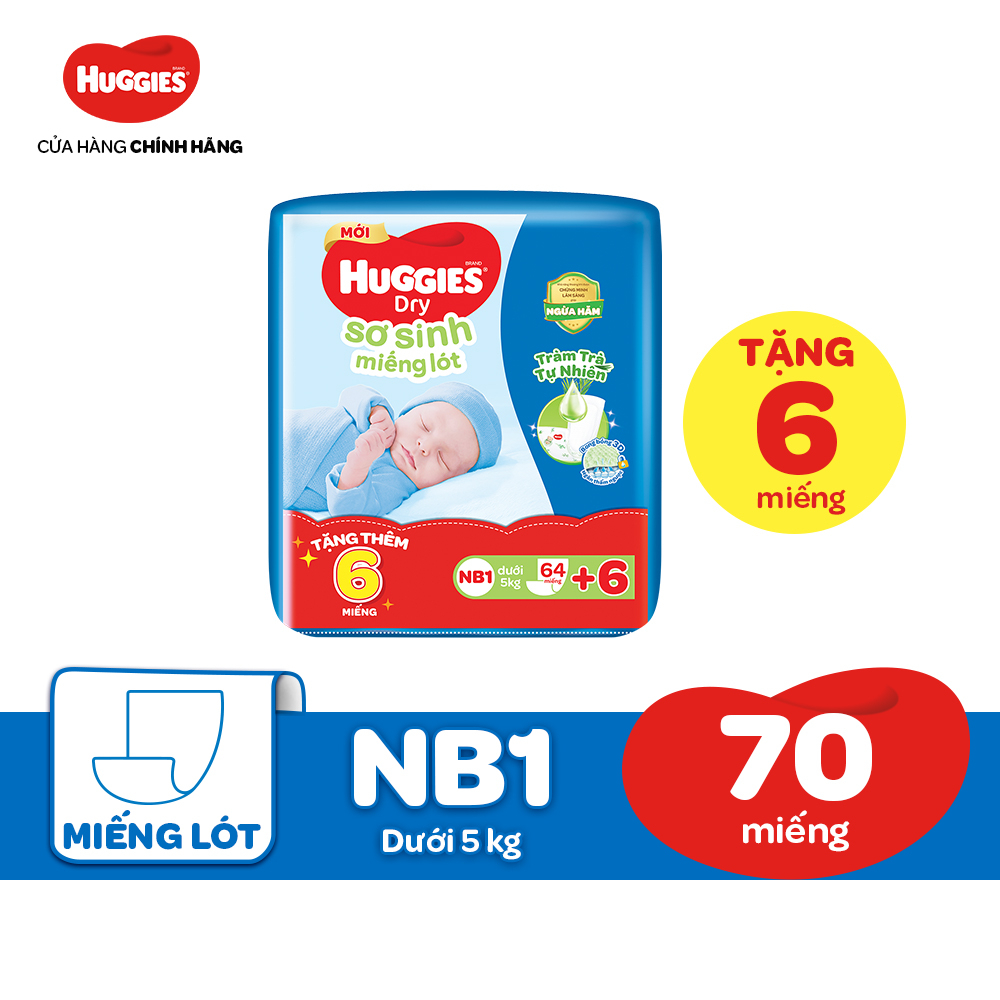 Miếng lót sơ sinh NB1 Huggies Dry Tràm Trà Tự Nhiên 64 miếng + 6 miếng