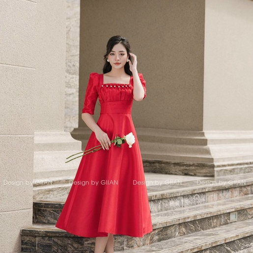 Đầm tay phồng xếp ly đính cườm thời trang nữ dự tiệc chất tapta cổ vuông tay ngắn váy bo eo dáng xoè maxi trẻ trung