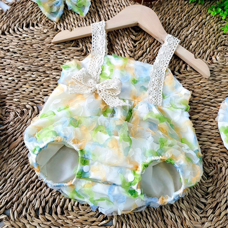 Body Hoa Nổi Màu Xanh Phối Ren NHÍM XÙ KIDS Cho Bé Gái Sơ Sinh, Đầy Tháng, Thôi Nôi B056