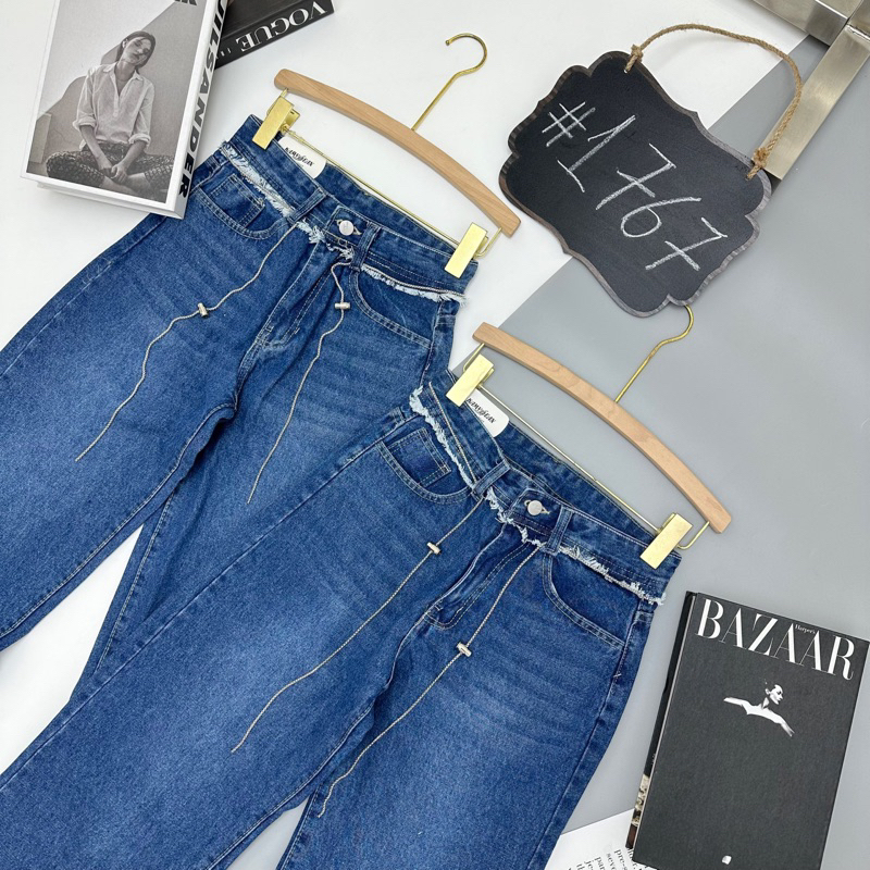 Quần bò jeans ống xuông cạp tua mài túi sau kèm dây đai xích đai chuông hot