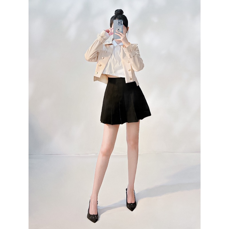 Trench coat croptop nút kim loại