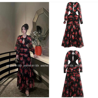 Đầm hoa đen hàng TQ cut eo