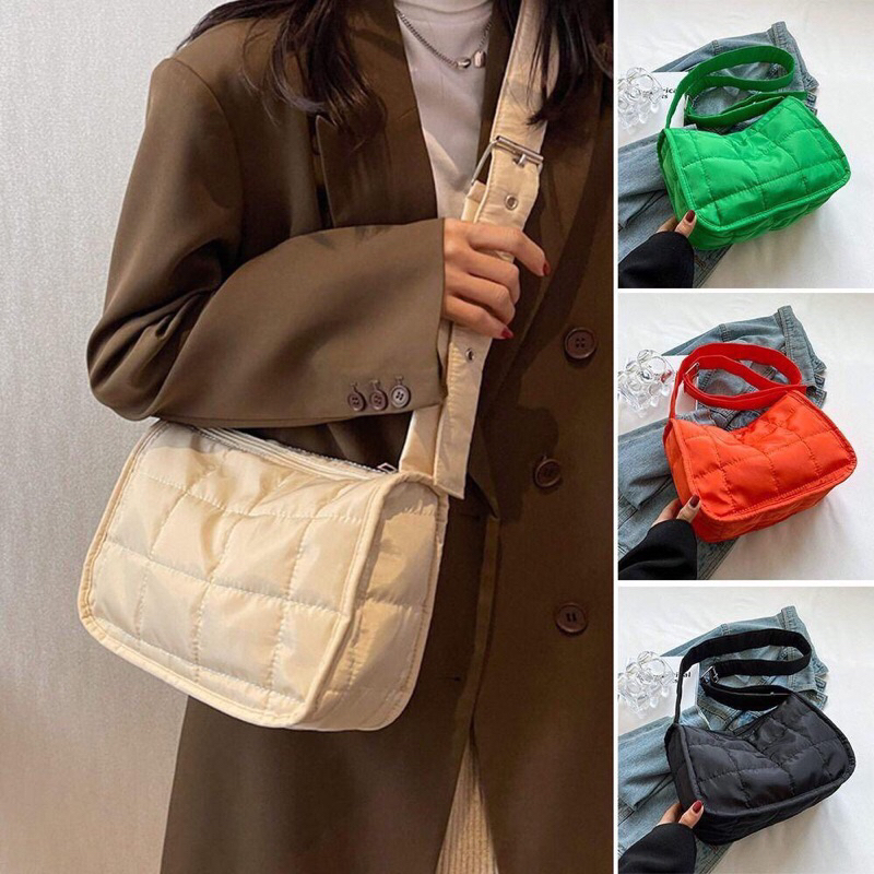 Túi xách đeo chéo vải nylon chân bông phao phong cách unisex có kéo khoá, có ảnh thật