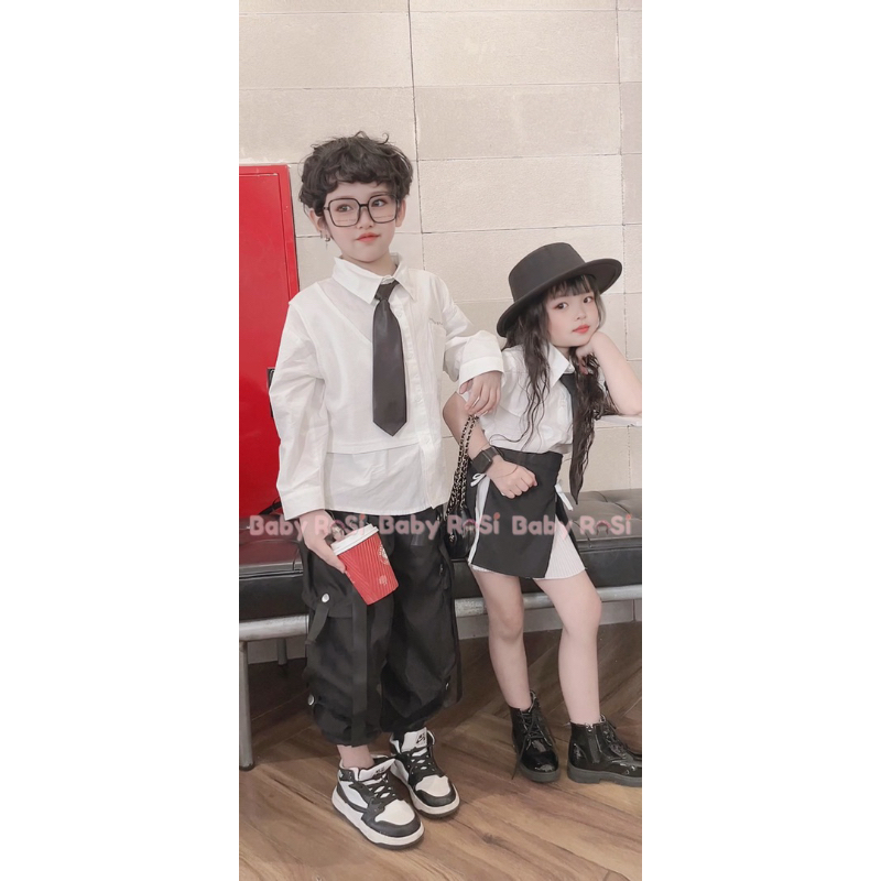 Sét sơ mi cà vạt kèm chân váy phối xếp ly cho bé gái