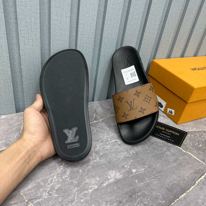 Dép lê nam LV quai da 3 bản màu truyền thống