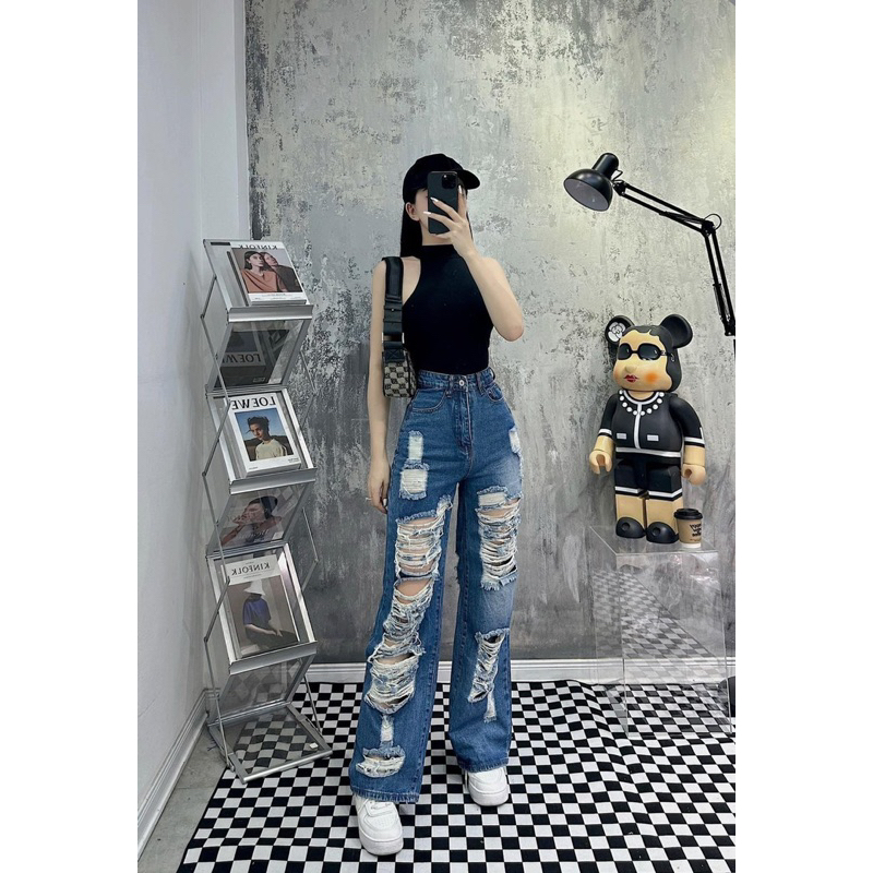 QUẦN DÀI JEANS LOA XUÔNG ỐNG RỘNG ĐẠP LAI RÁCH TE TUA