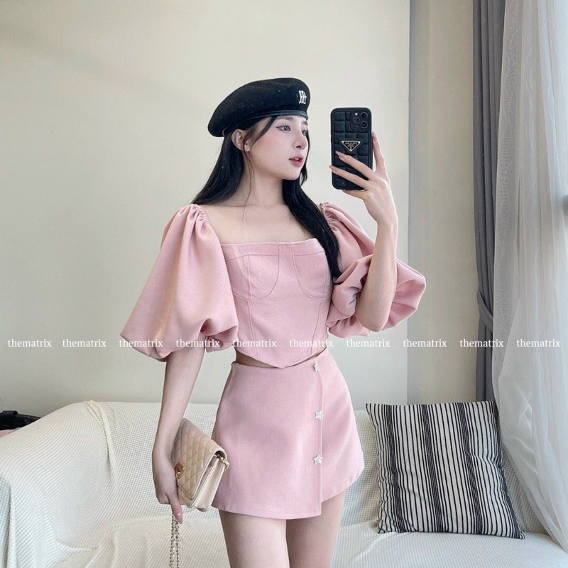 Set trễ vai tay phồng 3 cúc cv gava