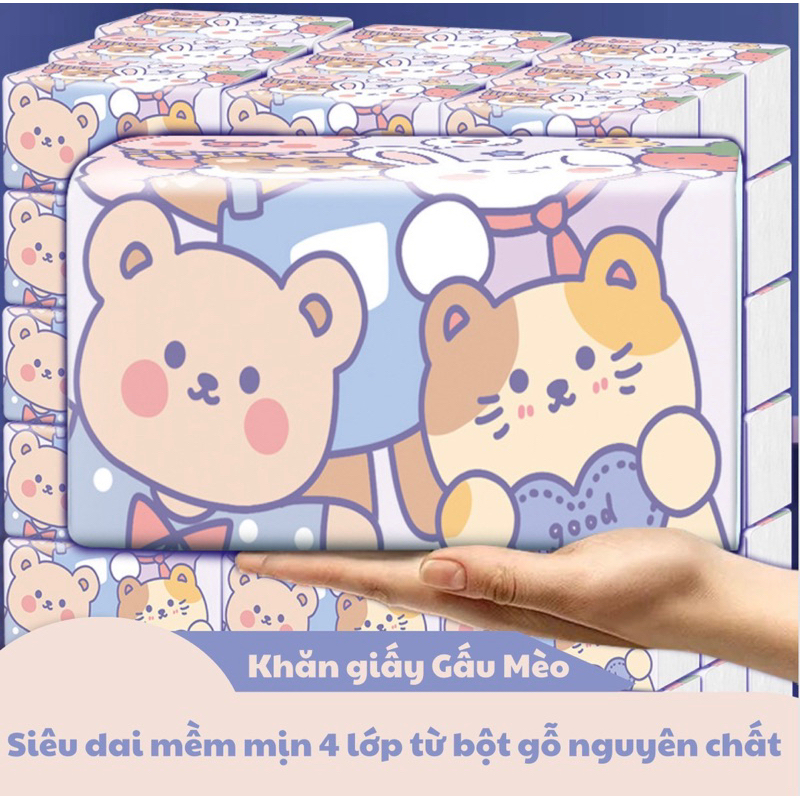 Khăn giấy Hoạt hình Mimi Gấu Mèo Thỏ 4 lớp siêu dai mềm mại, giấy ăn dày dặn an toàn chất lượng cho gia đình