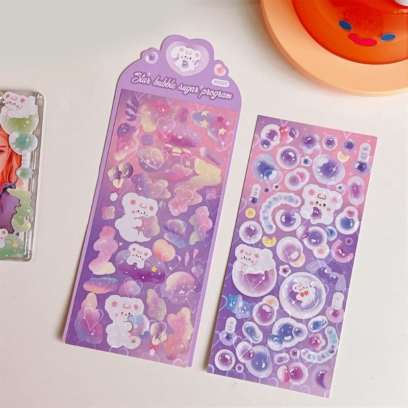 Set 2 tấm hình dán sticker gấu bong bóng bubble bling lấp lánh decor toploader, DIY