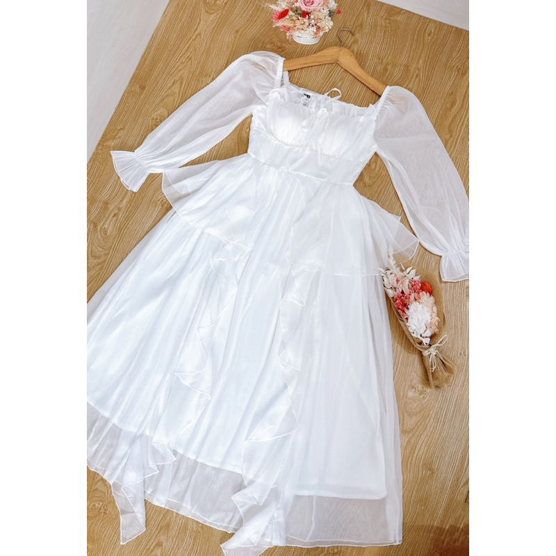 Váy Trắng Dài Tầng Viền Ngọc Tiểu Thư Đi Đám cưới , Đi chơi , Chụp Kỉ Yếu