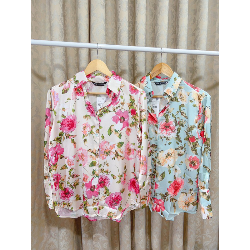Áo sơ mi lụa hoa 2 màu mới Zara xuất A158