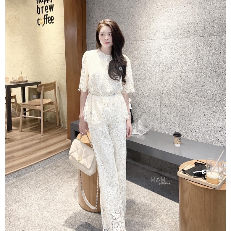 Set đồ ren nữ sang trọng áo cổ tròn dáng suông phối quần ren ống đứng form rộng ren hoa thời trang công sở thanh lịch