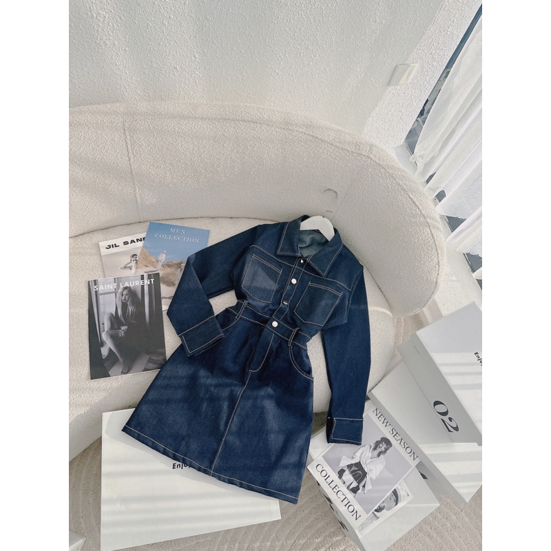 ĐẦM JEAN DENIM CỔ SƠ MI PHỐI TÚI TAY DÀI FORM NGẮN ( video cuối bên shop quay )