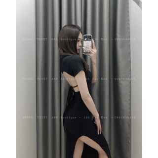 Váy body dài cổ bẻ hở lưng