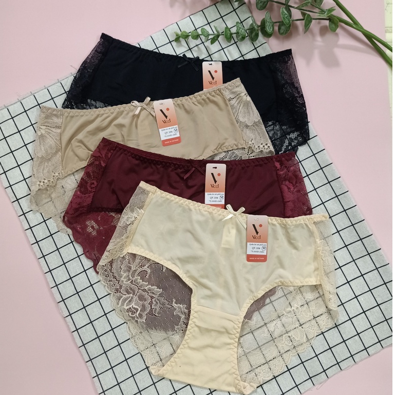 [BST mới] Combo 4 quần lót nữ Vicci 104 lưng vừa, phối ren mỏng thân sau sexy nhiều màu