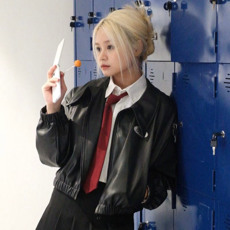 Áo khoác da Bomber Croptop Hologram