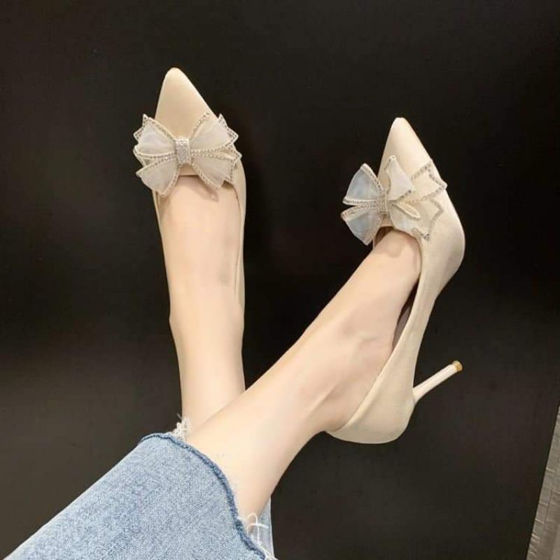 Giày cao gót 7cm lụa satin nơ soàn, bigsize 32 đến 45