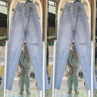Quần jean nữ skinny xanh nhạt rách gối xẻ tua lai. jean co giãn lưng cao tôn dáng co giãn mạnh