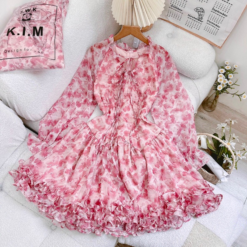 Đầm nữ tay dài voan hoa cổ trụ dáng ngắn bèo xoè xinh xắn