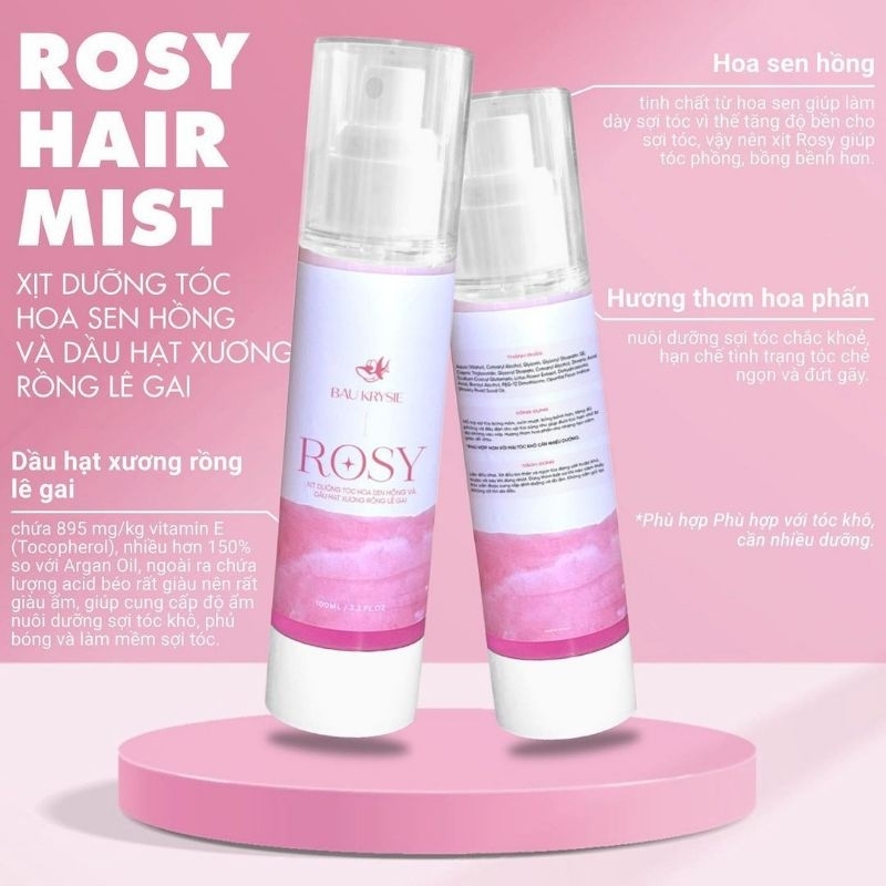 ROSY Hair Mist - Xịt dưỡng tóc Hoa Sen Hồng và Dầu Hạt Xương Rồng Lê Gai (tóc khô)