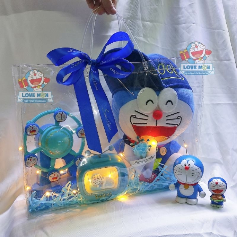 TÚI QUÀ TẶNG DORAEMON DỄ THƯƠNG, KÈM PHỤ KIỆN TRANG TRÍ VÀ LED LUNG LINH