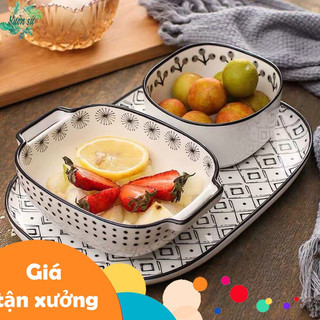 [XẢ KHO] Bộ combo bát đĩa 03 món hoa văn kẻ rô chấm bi đan xen kiểu Nhật ( hàng sẵn ) - VS01