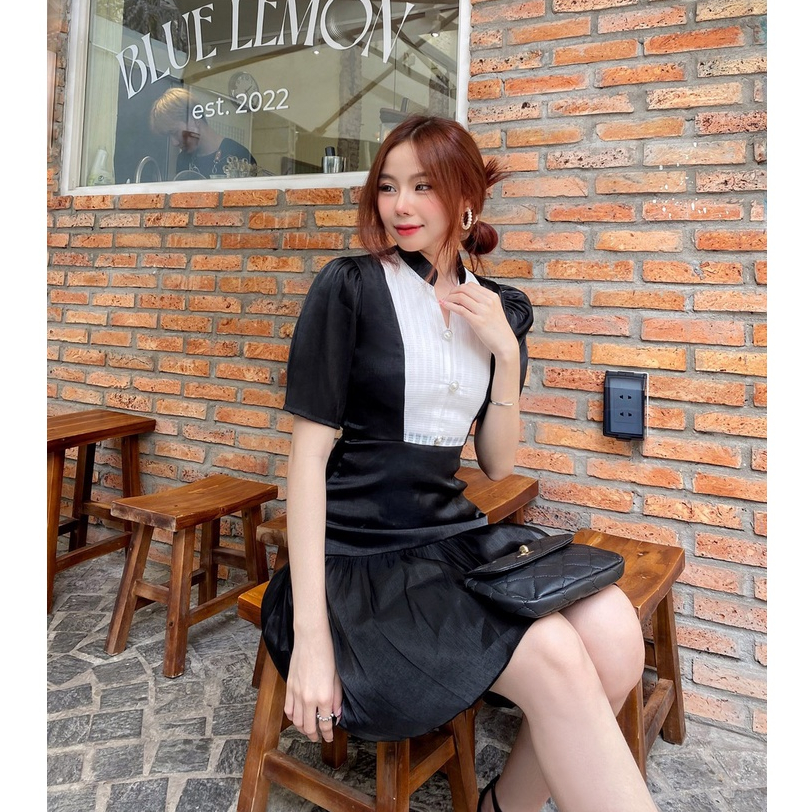 Đầm đen dự tiệc sang trọng dáng xòe tay ngắn đẹp thanh lịch thiết kế cao cấp phối trắng xinh eo tôn dáng - Thời trang Lu