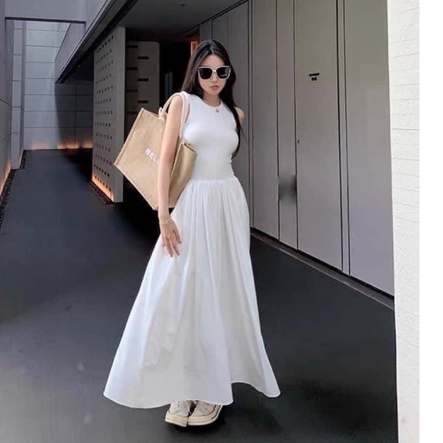 Đầm maxi dài sát nách hàng quảng châu, váy xoè đi biển VD922