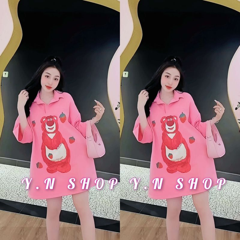 S06 Đầm Polo Suông In Gấu Dâu 3D Siêu Cưng