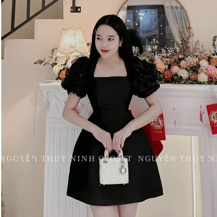 Váy đầm thời trang nữ dự tiệc chất tapta cổ vuông tay phối nơ hoa bo eo dáng xoè midi trẻ trung sang chảnh