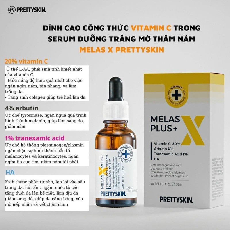 Tinh chất dưỡng sáng da mờ thâm nám Pretty Skin Melas X Plus Vitammin C20% Arbutin 4% 30ml