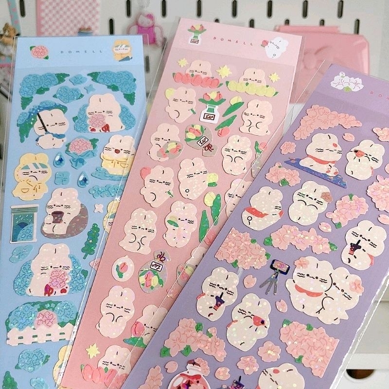 Hình dán chủ đề thỏ và hoa lấp lánh bling làm diy decor toploader cute dễ thương