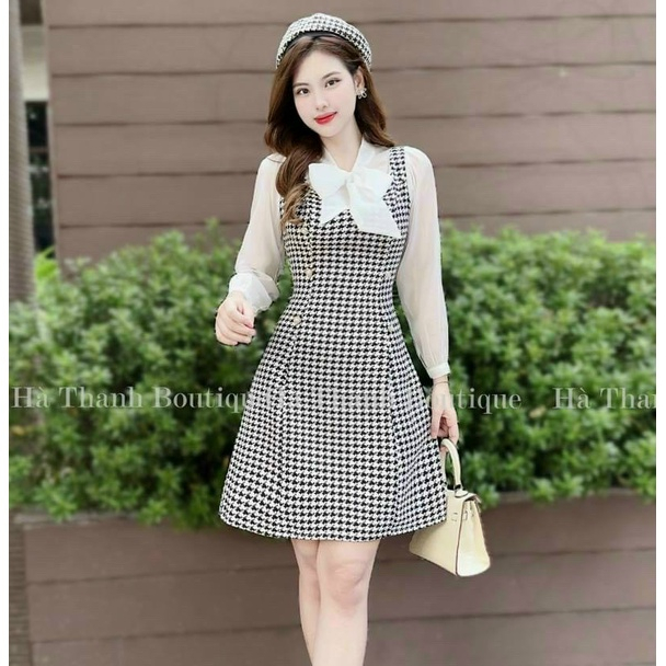 Váy đầm dự tiệc thời trang nữ phối nơ sang chảnh chất dạ kim cương cổ tròn tay dài váy caro dáng xoè maxi siêu xinh