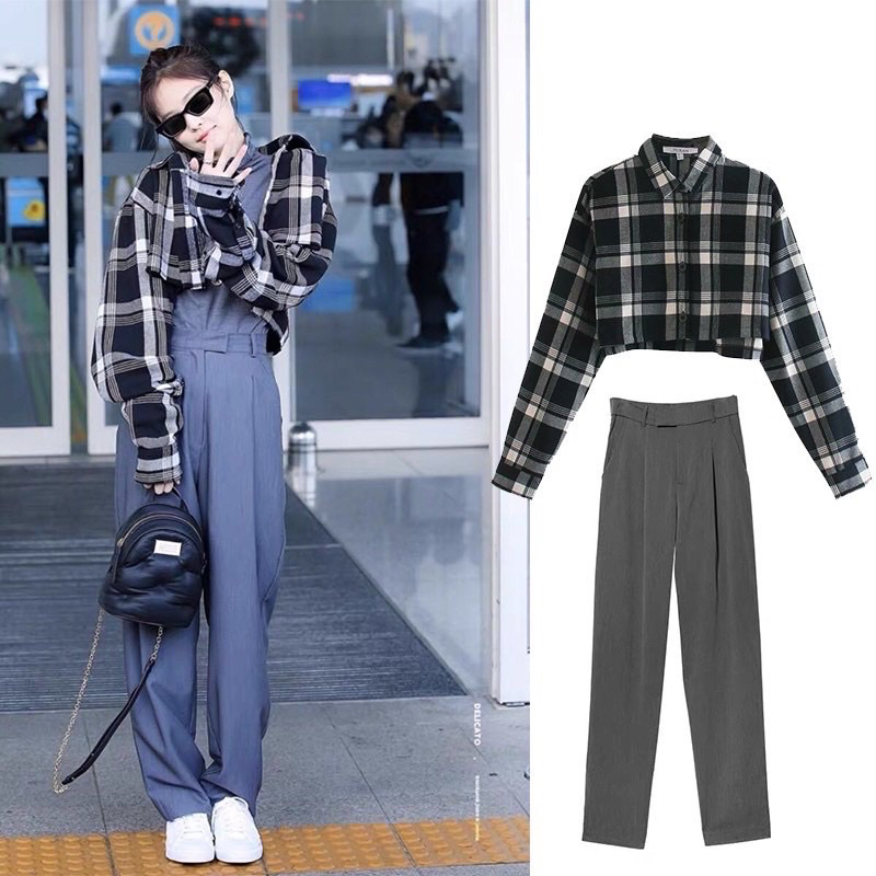 Set áo sơmi caro và quần tây xám Jennie BLACKPINK
