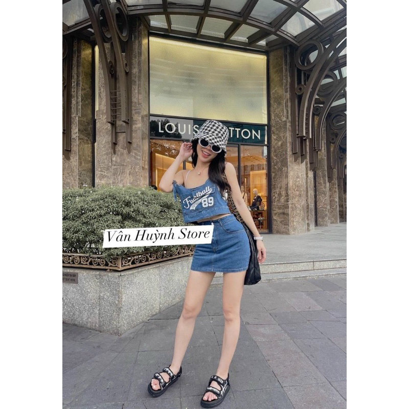 Set Yếm Jeans 3 Món Croptop Food 89 + Váy Chữ A + Áo Ống