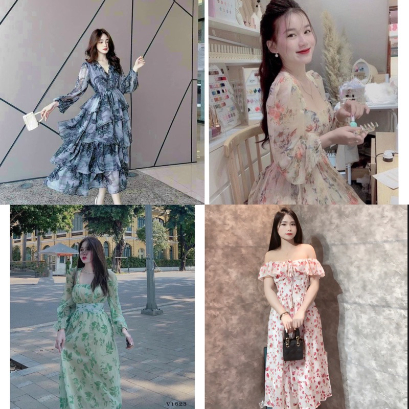 Váy hoa maxi cổ vuông phối xếp ly (kèm ảnh thật)