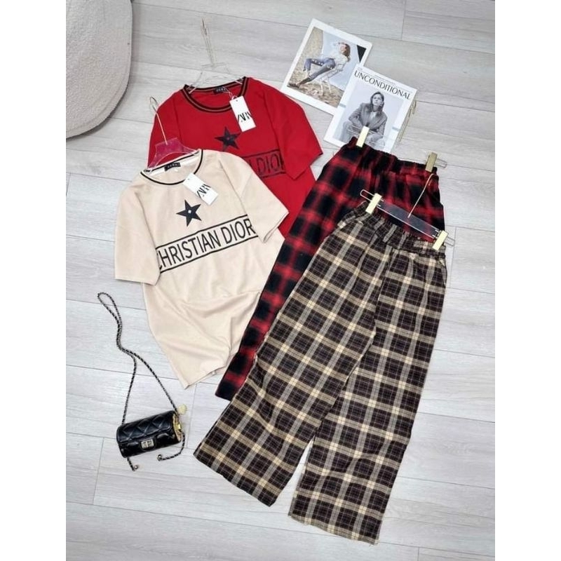 Set bộ quần suông kẻ áo dior thun dày đẹp