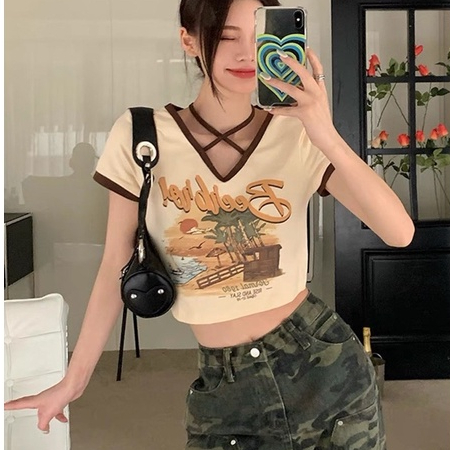 Áo Thun Croptop Tay Ngắn Phối Viền Dây Nơ Dài BEEBRO Cá Tính Sành Điệu