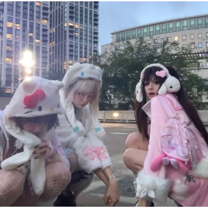 Mũ trùm đầu lông trắng hello kitty mùa đông không lạnh nhưng mua hè nóng japanese cute cat